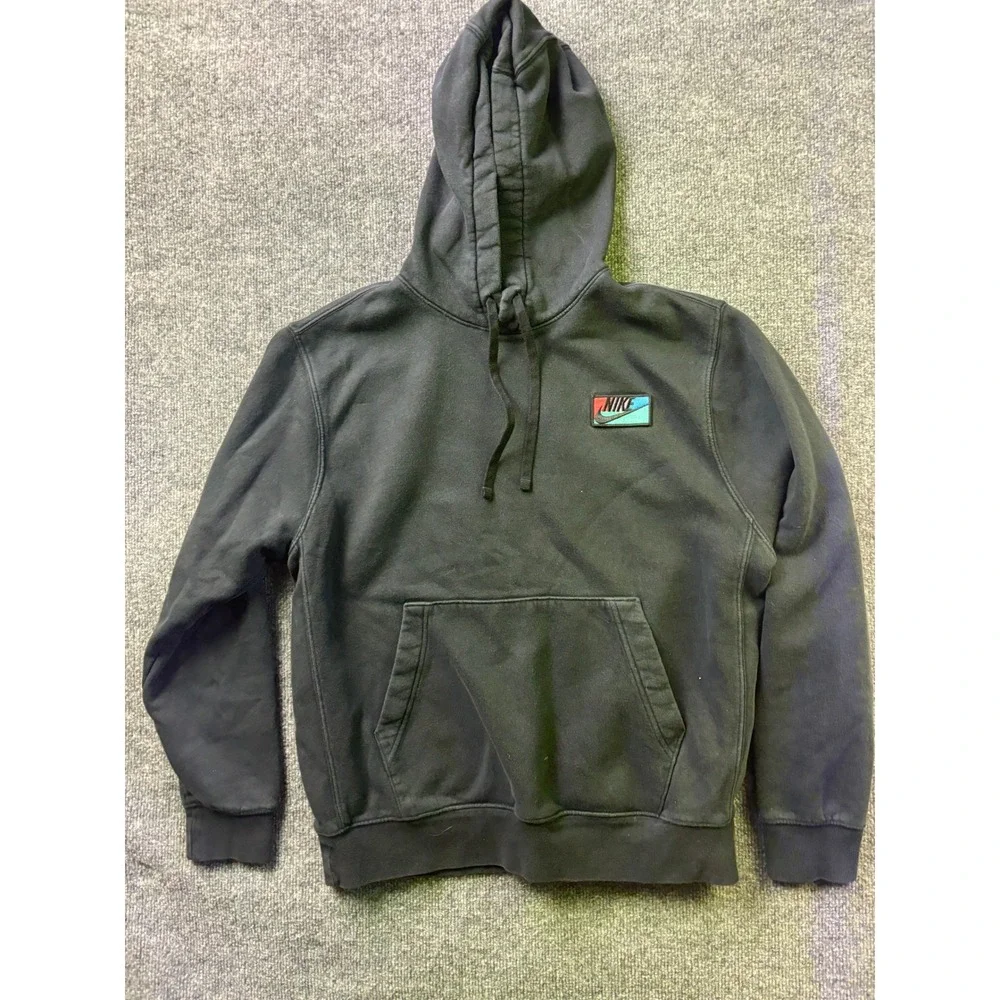 Nike Hoodie Mens‎ Medium Black Retro Patch Logo Fleece Pullover Sweatshirt